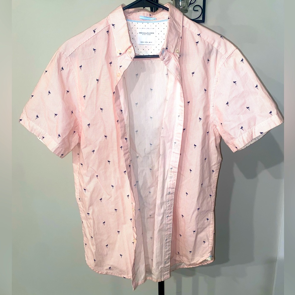 Denim & Flower Men’s Flamingo Print Short Sleeve Button Down Shirt